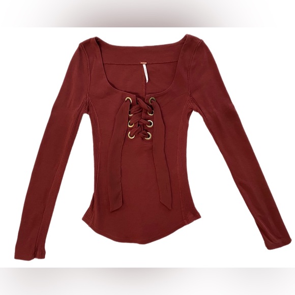 Free People Looking Back Rust Lace Up Shirt - Picture 2 of 6